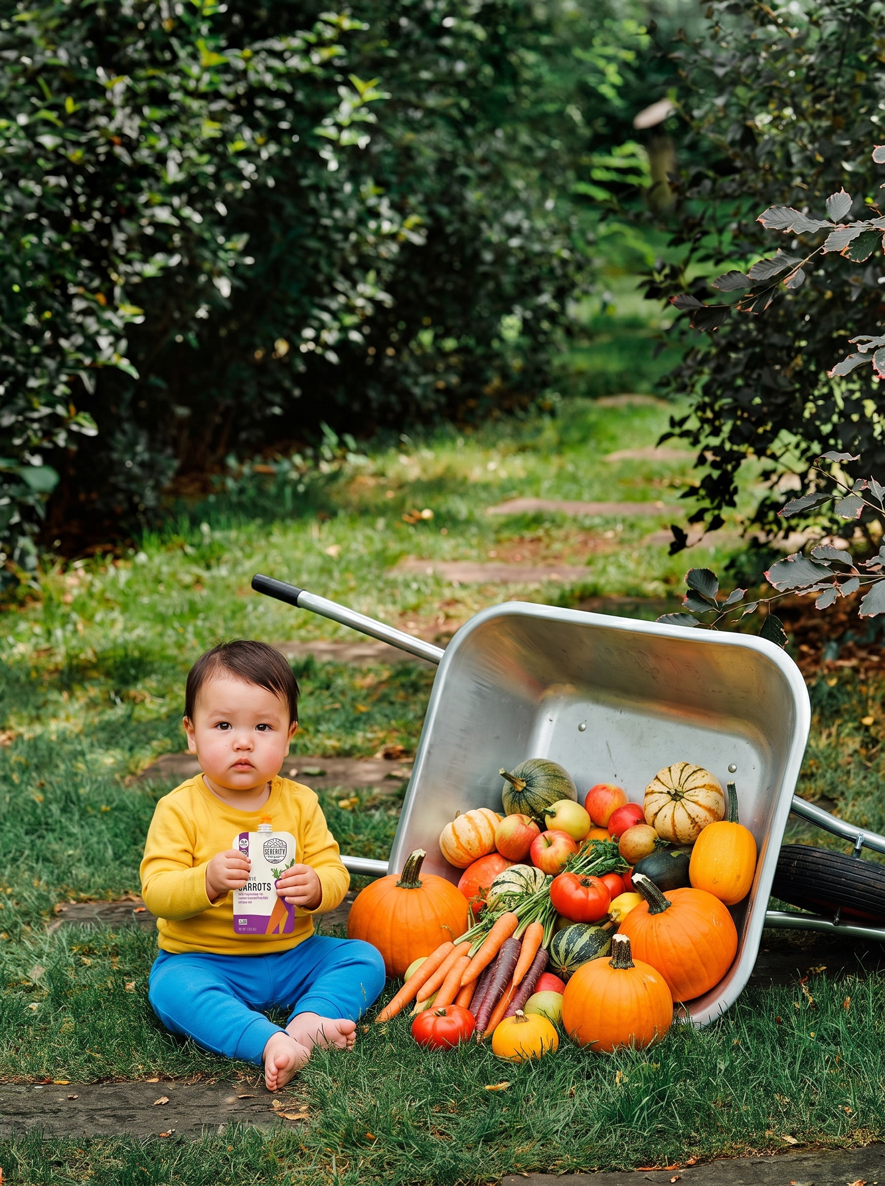 A baby holding a Serenity Kids carrots pouch beside a wheelbarrow filled with fall produce