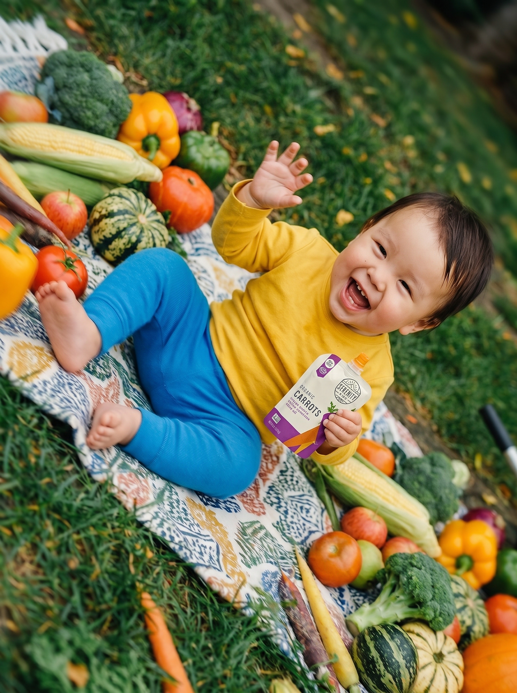 A laughing baby waving while holding a Serenity Kids carrots pouch on a picnic blanket